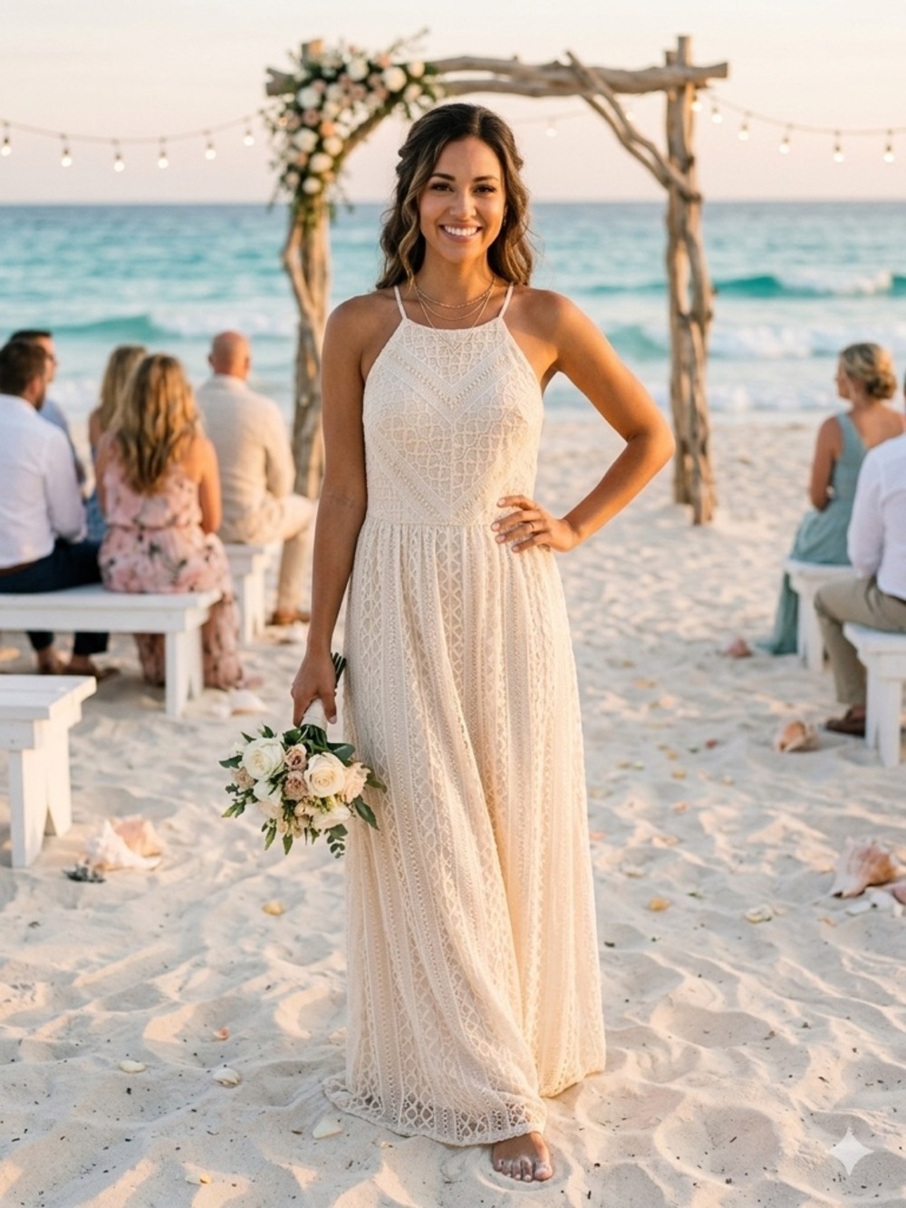 Gianni Bini | Ivory Lace Halter Maxi Dress with Gold Metallic Weave | Sz 10